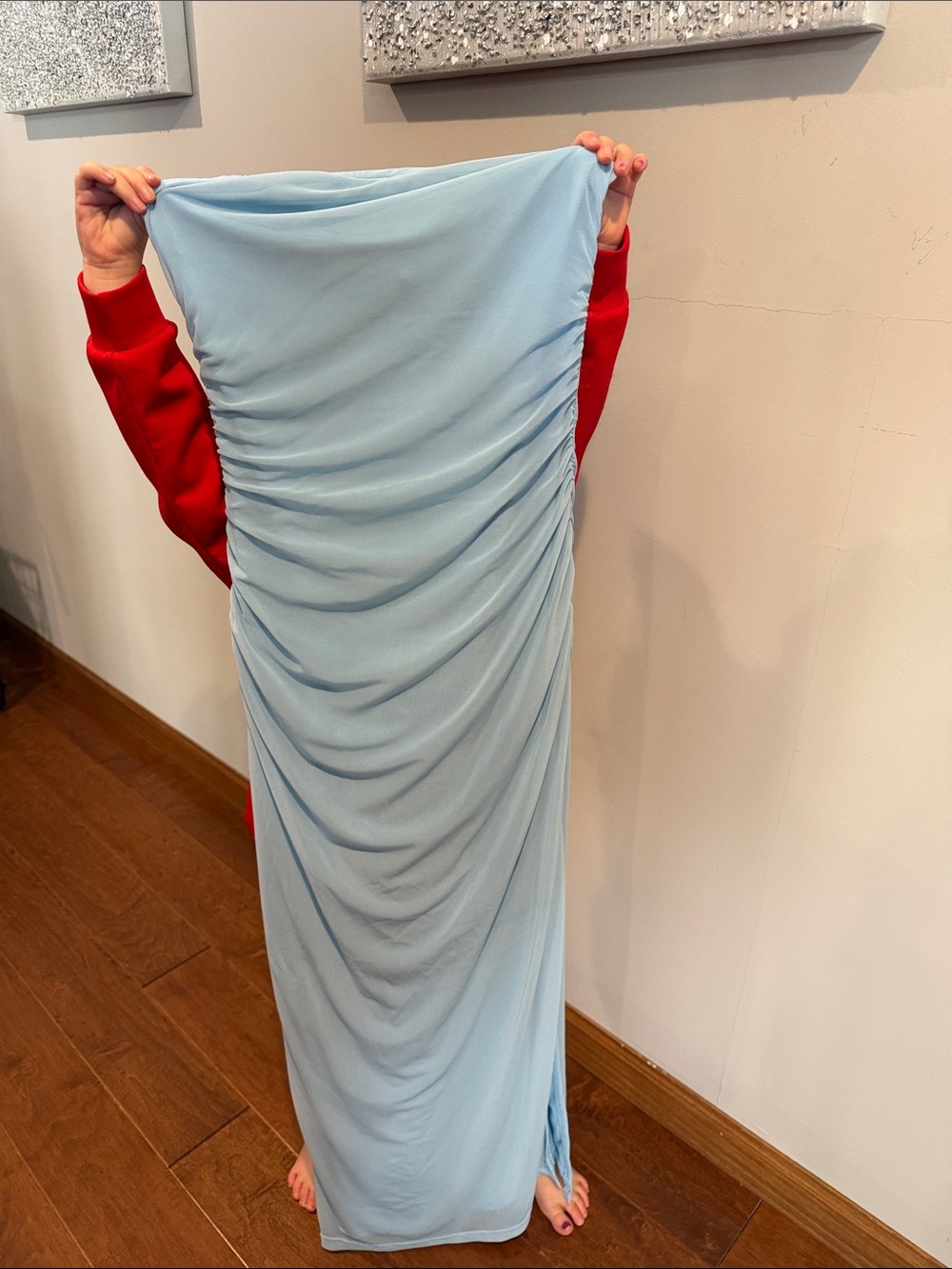 Light Blue Ruched Strapless Maxi Dress